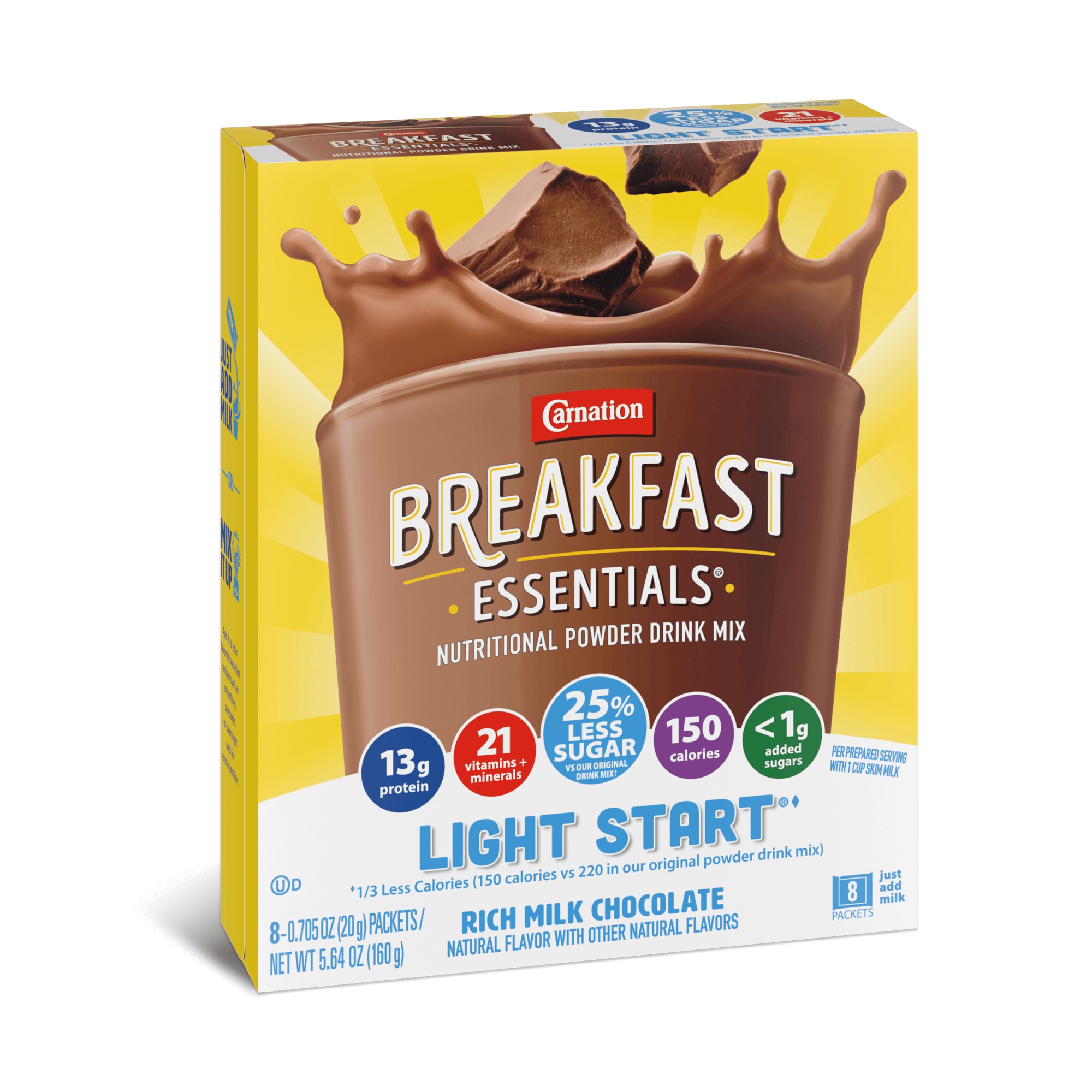 Carnation Breakfast Essentials® nutritional powder drink light start rich milk chocolate with new look